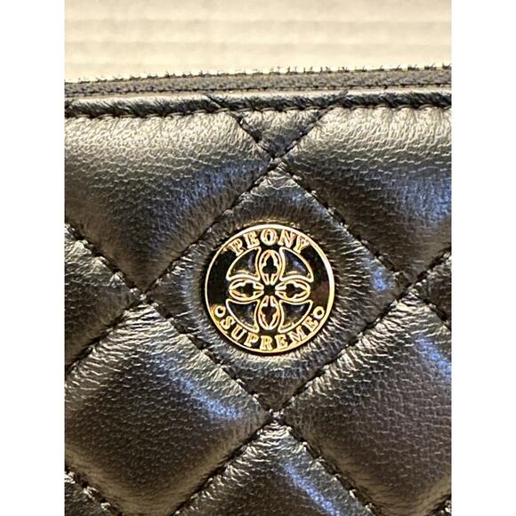 *NWOT PEONY SUPREME Wallet Luxury Black Quilted Leather Wallet Clutch Full Zip - Picture 4 of 7